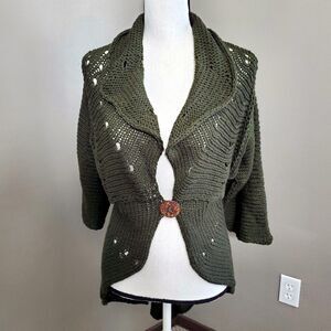 Gala & Kardi Cardigan Sweater Womens Size Small Olive Green Hand Open Knit Boho